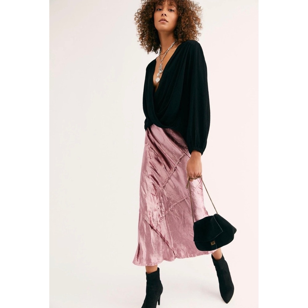 Free People Pink Viscose Crushed Velvet Look Midi Skirt Raw Edge Seam M